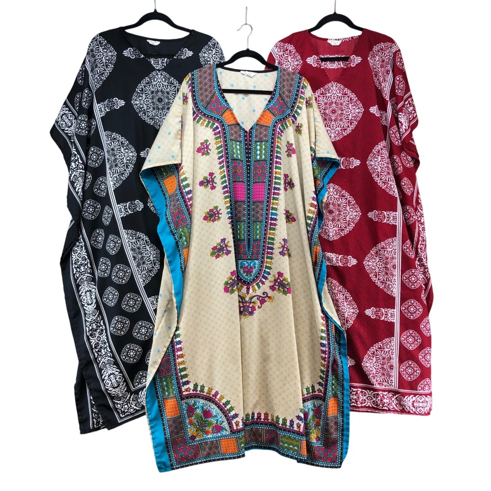 Gypsie‎ Blu Kaftan Maxi Dress Lot Womens OSFA Black Cream Red Boho Medallion 3pc